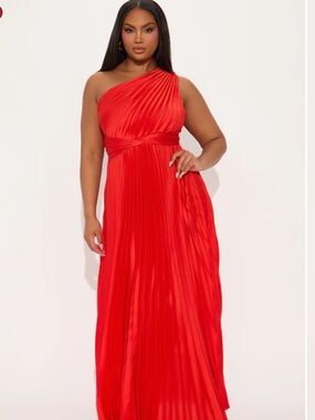 NWT Red One-Shoulder Pleated Evening Dress